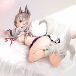  1girl animal_ears ass azur_lane black_skirt braid breasts dog_ears dog_tail fingernails legs legs_up long_hair looking_at_viewer looking_back lying medium_breasts miniskirt on_bed on_stomach panties pleated_skirt red_eyes silver_hair skirt smile socks solo tagme tail tail_wagging under_boob underwear white_hair white_legwear white_panties yatsuha_(hachiyoh) yuudachi_(azur_lane) 