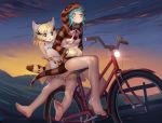  2girls animal_ears aqua_hair bare_legs bare_shoulders barefoot bicycle black_hair blonde_hair bow bowtie cat_ears cat_tail closed_mouth detached_sleeves erulon eyebrows_visible_through_hair full_body green_eyes ground_vehicle hands_in_pockets highres hood hood_up hoodie kemono_friends leaning_forward looking_afar medium_hair multicolored_hair multiple_girls open_mouth orange_eyes outdoors sand_cat_(kemono_friends) shirt sitting skirt sky sleeveless sleeveless_shirt snake_tail soles star_(sky) starry_sky striped_hoodie striped_tail tail toes tsuchinoko_(kemono_friends) twilight two-tone_hair 