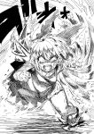  1girl angry bare_arms bow cirno clenched_hand constricted_pupils crying crying_with_eyes_open dress full_body hair_bow hands_up ice ice_wings koutamii leaning_forward looking_at_viewer monochrome open_mouth short_hair sketch sleeveless sleeveless_dress solo sound_effects tears touhou wings 