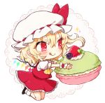  1girl ascot black_footwear blonde_hair bow chibi closed_mouth cupcake flandre_scarlet food full_body hat hat_bow holding honotai kneeling licking_lips long_hair miniskirt mob_cap pointy_ears red_bow red_eyes red_skirt shoes simple_background skirt skirt_set smile socks solo tongue tongue_out touhou white_background white_hat white_legwear wings wrist_cuffs 