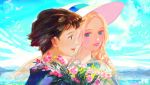  2girls anna_(omoide_no_marnie) bird blonde_hair blue_eyes blue_sky bouquet brown_hair clouds face flower from_side happy hat lake marnie multiple_girls omoide_no_marnie outdoors parted_lips pink_lips rojo0110 short_hair signature sky smile sun_hat very_short_hair 