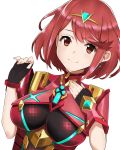  1girl arm_at_side armor bangs black_gloves bodysuit breasts chromatic_aberration circlet closed_mouth earrings eyebrows_visible_through_hair fingerless_gloves gloves hand_on_own_chest highres pyra_(xenoblade) impossible_bodysuit impossible_clothes j@ck jewelry large_breasts looking_at_viewer red_eyes redhead simple_background smile solo swept_bangs upper_body xenoblade xenoblade_2 