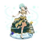  1girl ;) blue_eyes blue_hair box christmas_tree dress elbow_gloves full_body gift gift_box gloves hair_between_eyes hair_ornament high_heels holding long_dress one_eye_closed shinon_(sao) shoes short_hair_with_long_locks short_sleeves sidelocks simple_background smile solo standing standing_on_one_leg sword_art_online white_background white_gloves 