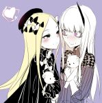  2girls abigail_williams_(fate/grand_order) black_bow black_dress blonde_hair bow closed_mouth commentary_request dress eye_contact hands_in_sleeves heart horn lavinia_whateley_(fate/grand_order) long_hair long_sleeves looking_at_another multiple_girls object_hug pink_eyes purple_background simple_background smile soropippub spoken_heart stuffed_animal stuffed_toy teddy_bear upper_body very_long_hair white_bow white_hair wide-eyed yuri 