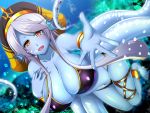  :d anklet barefoot blue_skin breasts full_bod hand_up hat head_fins jewelry kraken_(monster_girl_encyclopedia) large_breasts long_hair looking_at_viewer mirisha monster_girl monster_girl_encyclopedia navel open_mouth orange_eyes outstretched_hand purple_hair smile tentacle underwater 