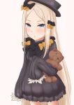  1girl abigail_williams_(fate/grand_order) bangs black_bow black_dress black_hat blue_eyes blush bow butterfly closed_mouth commentary dress fate/grand_order fate_(series) hair_bow hands_in_sleeves hat light_brown_hair long_hair long_sleeves looking_at_viewer object_hug orange_bow parted_bangs polka_dot polka_dot_bow sam_(metalibon) solo stuffed_animal stuffed_toy teddy_bear very_long_hair 