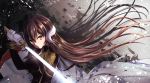  1girl azur_lane brown_hair cape eyebrows_visible_through_hair floating_hair gloves highres holding holding_sword holding_weapon horns long_hair looking_at_viewer mikasa_(azur_lane) military military_uniform orange_eyes selinentius solo sword uniform upper_body very_long_hair weapon white_cape white_gloves 