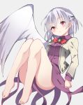  1girl amashi_(qcmrq906) bare_legs barefoot bow bowtie braid brooch eyebrows_visible_through_hair feathered_wings highres jacket jewelry kishin_sagume legs long_sleeves looking_at_viewer open_clothes open_jacket purple_skirt red_eyes red_neckwear silver_hair simple_background single_wing skirt skirt_set solo thighs touhou white_wings wings 