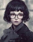  1girl bangs black-framed_eyewear black_coat black_hair blunt_bangs bob_cut closed_mouth coat commentary glasses guweiz looking_afar looking_to_the_side original photo_reference purple_lips red_eyes revision scarf short_hair solo spot_color upper_body 