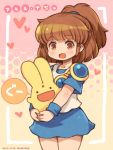  1girl 2017 :d arle_nadja blue_skirt blush brown_eyes brown_hair carbuncle_(puyopuyo) character_name cowboy_shot dated eyebrows eyebrows_visible_through_hair eyelashes heart high_ponytail legs_together madou_monogatari miniskirt multicolored multicolored_background open_mouth puyopuyo shigatake short_hair short_sleeves skirt smile solo standing tareme tongue wristband 