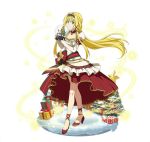  1girl alice_schuberg ankle_ribbon blonde_hair blue_eyes box breasts christmas_tree cleavage dress elbow_gloves floating_hair full_body gift gift_box gloves hair_ribbon headdress high_heels holding long_dress long_hair looking_at_viewer medium_breasts red_footwear red_ribbon ribbon simple_background smile solo standing sword_art_online very_long_hair white_background white_gloves 
