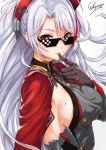  1girl azur_lane blush breasts character_name commentary_request engrish eyebrows_visible_through_hair eyes_visible_through_hair finger_to_mouth gloves hair_between_eyes headgear long_hair long_sleeves looking_at_viewer mole mole_on_breast parted_lips prinz_eugen_(azur_lane) ranguage sakiyamama sideboob signature silver_hair smile solo sunglasses upper_body yellow_eyes 