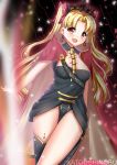  1girl :d artist_name black_legwear blonde_hair bow crown cute earrings ereshkigal_(fate/grand_order) fate/grand_order fate_(series) hair_bow hair_ribbon highres jewelry katou_shinobu long_hair looking_at_viewer mini_crown moe necklace open_mouth parted_lips red_eyes ribbon skull smile solo tohsaka_rin tokyo_mx type-moon ufotable 