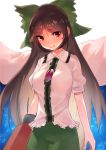  1girl arm_cannon asuzemu black_hair bow breasts commentary_request cowboy_shot green_bow green_skirt hair_bow large_breasts long_hair looking_at_viewer puffy_short_sleeves puffy_sleeves red_eyes reiuji_utsuho shirt short_sleeves skirt solo touhou very_long_hair weapon white_shirt 