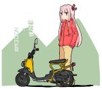  1girl :/ alternate_costume bangs blunt_bangs blush closed_mouth eyebrows_visible_through_hair full_body ground_vehicle hair_ribbon hands_in_pockets honda_takashi_(enorea) jacket kotonoha_akane long_hair long_sleeves looking_at_viewer motor_vehicle pants pink_hair red_eyes red_jacket red_ribbon ribbon sidelocks solo standing straight_hair translation_request two-tone_background vehicle_request very_long_hair voiceroid yellow_pants zipper 