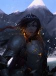  1girl armor bangs bird blue_sky breastplate brown_hair crown day deviantart_username earrings elf flock gauntlets guweiz jewelry long_hair looking_away looking_to_the_side mountain original outdoors parted_lips pauldrons pointy_ears sky snow solo upper_body yellow_eyes 