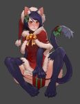  1girl animal_ears bell blue_fur blue_hair blush bow bowtie capelet cat_ears cat_tail christmas claws closed_mouth dress embarrassed english fur fur_trim furrowed_eyebrows gift grey_background hair_between_eyes hat highres jingle_bell less looking_at_viewer monster_girl no_panties original paws red_capelet red_dress red_hat santa_costume santa_hat short_dress short_hair simple_background solo spread_legs tail tail_ornament yellow_neckwear 