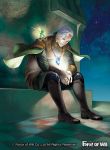  1boy boots braid cape circlet copyright_name fairy_wings force_of_will gem jewelry long_hair male_focus necklace night night_sky official_art red_eyes sitting sky solo sparkle white_hair wings 