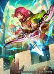  1girl arrow bow_(weapon) brick_wall capelet castle commentary company_name copyright_name day fire_emblem fire_emblem:_seima_no_kouseki fire_emblem_cipher gloves glowing headband holding holding_bow_(weapon) holding_weapon hood hood_down konfuzikokon looking_at_viewer neimi official_art open_mouth outdoors pink_eyes pink_hair pleated_skirt quiver short_hair skirt thigh-highs weapon zettai_ryouiki 
