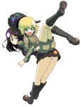  2girls back-to-back bangs black_footwear black_hat black_skirt black_vest blonde_hair blue_eyes boots closed_mouth commentary_request emblem eyebrows_visible_through_hair fang full_body girls_und_panzer green_jacket green_jumpsuit hat helmet highres jacket katyusha leaning_forward lifting_person locked_arms long_hair long_sleeves looking_at_viewer looking_back military military_uniform miniskirt multiple_girls nonna open_mouth pleated_skirt pravda_military_uniform short_hair short_jumpsuit simple_background skirt smile standing sw uniform vest white_background 