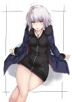  ahoge alp annoyed arm_support black_dress blue_coat breasts coat collarbone dress eyebrows_visible_through_hair fate/grand_order fate_(series) frame frown fur-trimmed_coat fur-trimmed_sleeves fur_trim groin jeanne_d&#039;arc_(alter)_(fate) jeanne_d&#039;arc_(fate)_(all) jewelry large_breasts leaning_back legs_crossed light_blush long_sleeves looking_at_viewer looking_up medium_hair necklace open_clothes open_coat open_mouth simple_background sitting thighs v-shaped_eyebrows white_background white_hair yellow_eyes 
