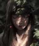  1girl bangs blunt_bangs blurry blurry_foreground brown_hair closed_eyes closed_mouth depth_of_field deviantart_username face facing_viewer flower forest guweiz hair_over_shoulder leaf light lips long_hair nature original painting portrait shade solo tree tree_shade under_tree 