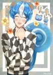  1boy animal_ears artist_name blue_hair blush chotto_nemune doubutsu_no_mori filbert_(doubutsu_no_mori) flower highres male_focus open_mouth personification solo squirrel_ears squirrel_tail tail teeth upper_body white_hair 