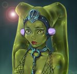  1girl alien bare_shoulders chains ear_protection green_eyes green_skin lipstick makeup oola portrait solo star_wars taiss14 twi&#039;lek 