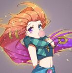  1girl bare_shoulders blue_eyes bracelet braid chewing_gum crop_top half-closed_eyes hand_on_own_chest heterochromia jewelry league_of_legends long_hair looking_at_viewer midriff multicolored_hair navel necklace orange_hair purple_hair qingchen_(694757286) sarong scarf shirt sleeveless sleeveless_shirt solo sparkle striped striped_scarf two-tone_hair upper_body very_long_hair violet_eyes zoe_(league_of_legends) 