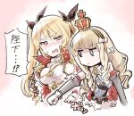  2girls anchor_symbol azur_lane bangs black_ribbon blonde_hair blue_bow blue_eyes blush bow breast_punch breasts cleavage closed_mouth commentary_request cross crown detached_sleeves drill_hair epaulettes eyebrows eyebrows_visible_through_hair eyes_visible_through_hair gloves hair_between_eyes hair_bow hair_ribbon hairband highres ishiyumi jacket jitome long_hair long_sleeves medium_breasts military military_uniform mini_crown motion_lines multicolored multicolored_background multiple_girls nelson_(azur_lane) no_nose nose_blush open_clothes open_jacket open_mouth outline pink_background punching queen_elizabeth_(azur_lane) red_eyes red_jacket ribbon ringlets shaded_face small_breasts sweatdrop teeth translated tsurime twintails two-tone_background uniform upper_body white_background white_bow white_gloves white_outline yellow_hairband 