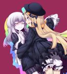  2girls abigail_williams_(fate/grand_order) black_bow black_dress black_hat blonde_hair blue_eyes blush bow commentary_request cowboy_shot dress fate/grand_order fate_(series) from_behind fumotewi hair_bow hat highres hug lavinia_whateley_(fate/grand_order) long_hair long_sleeves multiple_girls orange_bow purple_background simple_background underwear very_long_hair white_hair 