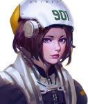  1girl blue_eyes brown_hair commentary guweiz helmet jacket looking_at_viewer original parted_lips pink_lips short_hair simple_background sketch solo upper_body white_background 