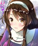  1girl ashigara_(kantai_collection) brown_eyes brown_hair close-up dated hairband hoshiyuki_aruru kantai_collection long_hair looking_at_viewer pout solo twitter_username uniform upper_body wavy_hair wavy_mouth white_hairband 