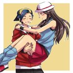  1boy 1girl backwards_hat baseball_cap black_hair blue_(pokemon) brown_background carrying closed_eyes embarrassed gold_(pokemon) hat long_hair long_sleeves pokemon pokemon_(game) pokemon_frlg pokemon_hgss princess_carry shirt short_hair skirt sleeveless sleeveless_shirt socks sun_hat 