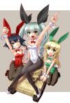  3girls :d anchovy animal_ears arm_support arm_up bangs black_hair black_legwear black_ribbon blonde_hair braid breasts brown_background brown_eyes bunny_tail bunnysuit carpaccio carro_veloce_cv-33 cleavage closed_mouth detached_collar drill_hair eyebrows_visible_through_hair fake_animal_ears fake_tail girls_und_panzer green_eyes green_footwear green_hair green_leotard grin ground_vehicle hair_ribbon katahira_masashi kneeling leotard long_hair looking_at_viewer medium_breasts military military_vehicle motor_vehicle multiple_girls open_mouth outside_border pantyhose pepperoni_(girls_und_panzer) rabbit_ears raised_fist red_eyes red_footwear red_leotard ribbon short_hair side-tie_leotard side_braid sitting smile standing strapless strapless_leotard tail tank twin_drills twintails v-shaped_eyebrows v_arms white_footwear white_leotard wrist_cuffs 