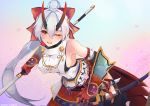  1girl absurdres armor artist_request blush breasts fate/grand_order fate_(series) hair_between_eyes hair_ribbon headband highres horns japanese_armor japanese_clothes large_breasts long_hair looking_at_viewer one_eye_closed oni_horns red_eyes ribbon sideboob silver_hair smile solo tomoe_gozen_(fate/grand_order) 