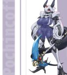  1girl android ass_visible_through_thighs blue_skin breasts colored_skin contrapposto grey_hair grey_skin hair_over_one_eye highres holding holding_weapon horns huge_breasts long_hair monster_girl multicolored_skin narrow_waist navel negative_space one_eye_covered orca_(pochincoff) original oversized_forearms oversized_limbs pochincoff robot scythe sling_bikini_top smile solo standing tail talons two-tone_skin weapon white_hair 