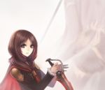  bangs black_jacket brown_eyes brown_hair cape final_fantasy final_fantasy_type-0 flag highres holding holding_sword holding_weapon jacket long_sleeves looking_at_viewer medium_hair mins_(minevi) parted_bangs parted_lips red_cape sword tokimiya_rem upper_body weapon 