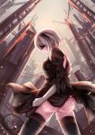  1girl ass back_cutout black_dress black_hairband blindfold chiroyo covered_eyes dress feather-trimmed_sleeves from_behind gloves hairband juliet_sleeves leotard long_sleeves nier_(series) nier_automata puffy_sleeves solo thigh-highs white_gloves white_leotard yorha_no._2_type_b 