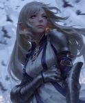  1girl arm_belt armor armored_dress bird blurry blurry_background breasts closed_mouth depth_of_field gauntlets guweiz highres long_hair looking_away looking_to_the_side medium_breasts original pointy_ears silver_hair solo spaulders standing upper_body 