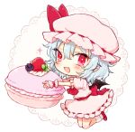  1girl ascot blush bow chibi cupcake fang food full_body hair_between_eyes hat hat_bow holding honotai kneeling light_blue_hair looking_at_viewer mob_cap open_mouth pink_hat pink_skirt pointy_ears puffy_short_sleeves puffy_sleeves red_bow red_eyes red_footwear remilia_scarlet sash shoes short_sleeves simple_background skirt skirt_set smile solo touhou white_background wrist_cuffs 