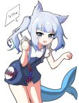  1girl :d animal_ears bangs blue_dress blue_eyes cat_ears dress fish_tail gawr_gura hagoonha highres hololive hololive_english looking_at_viewer open_mouth paw_pose pinafore_dress shark_girl shark_tail shirt side_ponytail simple_background smile solo tail virtual_youtuber white_background white_hair white_shirt 