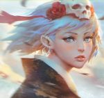  1girl bangs blue_eyes blue_hair blush commentary ear_piercing earrings face flower guweiz hair_flower hair_ornament hoop_earrings japanese_clothes jewelry kimono looking_at_viewer original parted_lips piercing pink_lips skull solo upper_body 