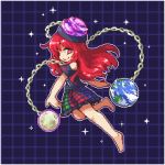  1girl bare_legs barefoot black_shirt blue_background chains closed_mouth commentary_request earth_(ornament) full_body hecatia_lapislazuli kumamoto_(bbtonhk2) long_hair looking_at_viewer lowres miniskirt moon_(ornament) multicolored multicolored_clothes multicolored_skirt pixel_art polos_crown red_eyes redhead shirt skirt smile solo sparkle t-shirt touhou 
