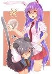  2girls animal_ears asuzemu between_breasts breasts cat collared_shirt dress flying_sweatdrops grey_dress grey_hair hair_between_eyes large_breasts long_hair looking_at_viewer miniskirt mouse_ears mouse_tail multiple_girls nazrin necktie necktie_between_breasts one_eye_closed puffy_short_sleeves puffy_sleeves purple_hair rabbit_ears red_eyes red_neckwear reisen_udongein_inaba scared shirt short_sleeves skirt smile tail touhou very_long_hair wing_collar 
