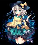  1girl boots bow breasts commentary floral_print frills green_eyes green_hair green_skirt hat hat_bow heart heart_of_string komeiji_koishi long_sleeves mayo_(miyusa) shirt short_hair skirt small_breasts solo third_eye touhou wide_sleeves yellow_bow yellow_shirt 