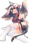  1girl :d animal_ears arm_up armpits azur_lane bangs bell black_hair black_kimono blush bob_cut breasts cat_ears cat_mask cat_tail hair_ornament highres japanese_clothes jingle_bell kimono large_breasts looking_at_viewer mask mask_on_head open_mouth red_eyes shirako_sei short_hair short_kimono sideboob simple_background smile solo tail tail_bell thigh-highs thigh_cutout thighs white_background white_legwear yamashiro_(azur_lane) 