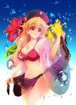  1girl air_bubble bangs bare_arms bare_shoulders bikini black_hat blonde_hair blue_background blush breasts bubble cleavage commentary_request cowboy_shot crescent eyebrows_visible_through_hair flower gradient gradient_background hair_between_eyes hat hibiscus highres junko_(touhou) large_breasts leaf long_hair multicolored multicolored_eyes red_bikini red_eyes red_flower sarong solo stomach swimsuit touhou usuusu very_long_hair wavy_hair white_background yellow_eyes yellow_flower 
