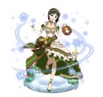  1girl :d ankle_ribbon black_eyes black_hair box breasts christmas_tree cleavage dress elbow_gloves full_body gift gift_box gloves green_hairband green_ribbon head_tilt kirigaya_suguha large_breasts long_dress looking_at_viewer one_leg_raised open_mouth ribbon short_hair short_sleeves simple_background smile solo standing standing_on_one_leg sword_art_online white_background white_dress white_gloves 