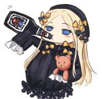 1girl abigail_williams_(fate/grand_order) asle bangs black_bow black_dress black_hat blonde_hair blue_eyes bottle bow butterfly commentary_request dress drinking eyebrows_visible_through_hair fate/grand_order fate_(series) hair_bow hands_in_sleeves hat holding holding_bottle long_hair long_sleeves looking_at_viewer looking_away object_hug orange_bow parted_bangs polka_dot polka_dot_bow simple_background solo stuffed_animal stuffed_toy teddy_bear very_long_hair white_background 